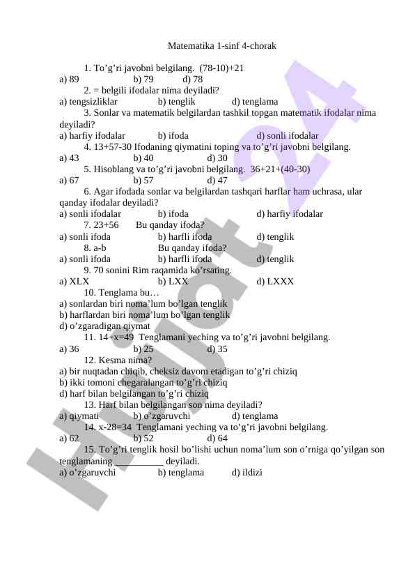 Matematika 1-sinf 4-chorak savollari