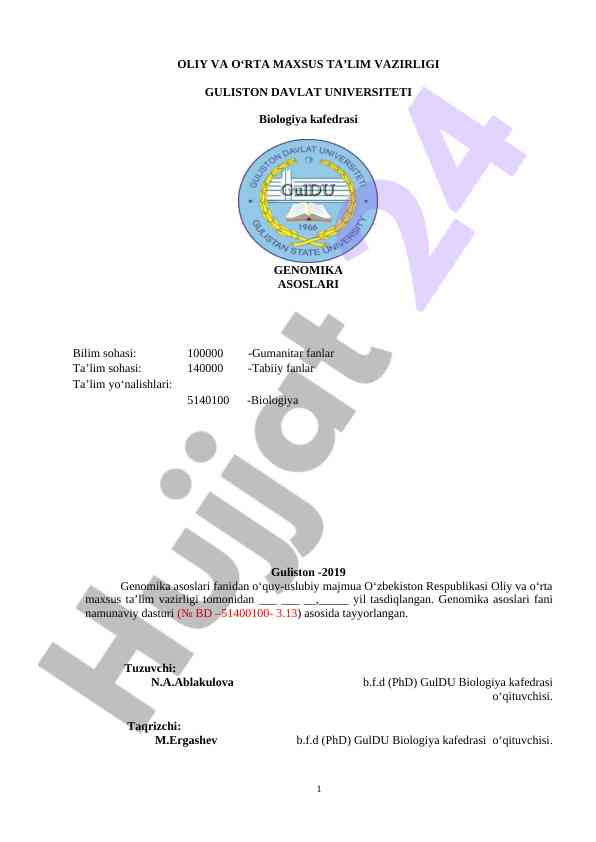 Genomika asoslari fanidan o‘quv-uslubiy majmua