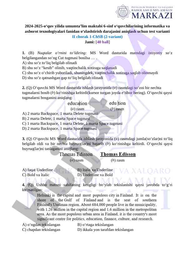 Informatika fanidan test varianti 6-sinf o‘quvchilar uchun
