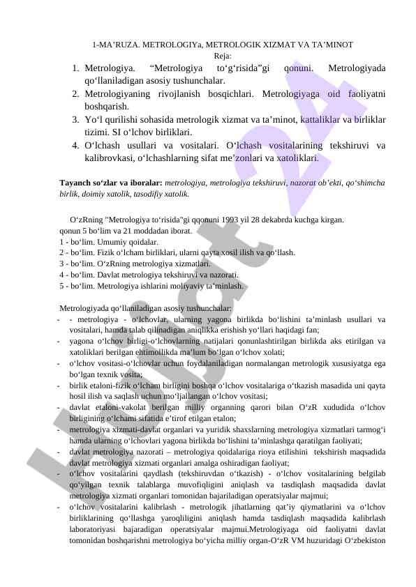 Metrologiya va metrologik xizmatlarni o‘rganish
