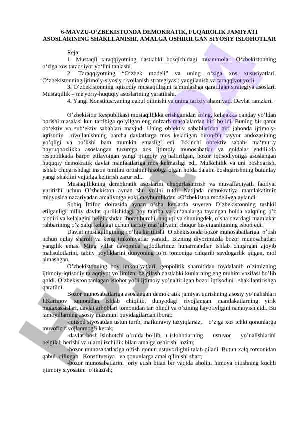 O‘zbekistonning demokratik taraqqiyoti va islohotlar