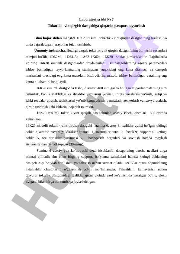 Tokarlik vintgirgish dastgohi pasporti tayyorlash