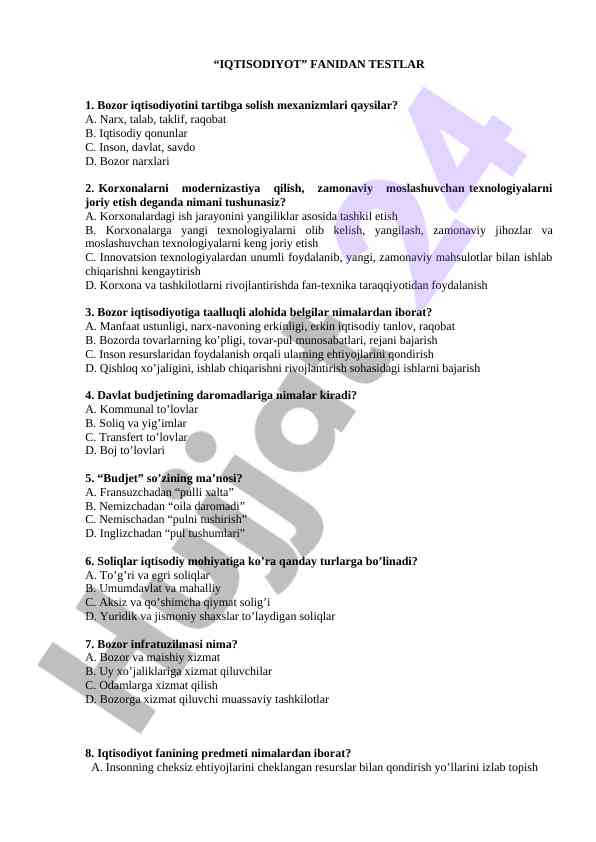 Iqtisodiyot Fanidan Testlar