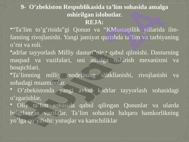 O’zbekistonda ta’lim sohasidagi islohotlar tahlili