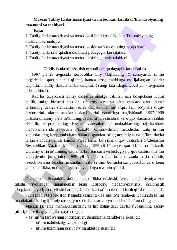 Tabiiy fanlar nazariyasi va metodikasi bo‘yicha qo‘llanma
