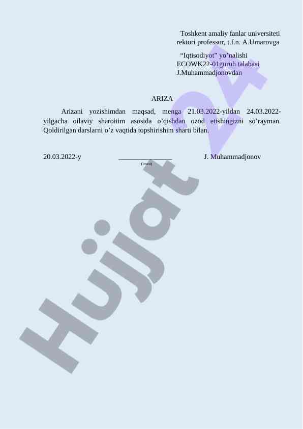 O'qishdan ozod etish arizasi