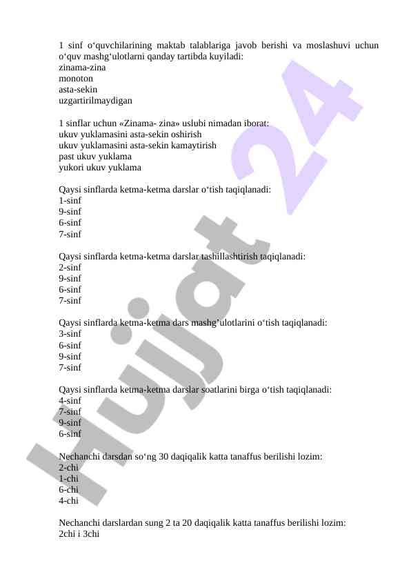 1 sinf o‘quvchilari uchun o‘quv mashg‘ulotlari tartibi