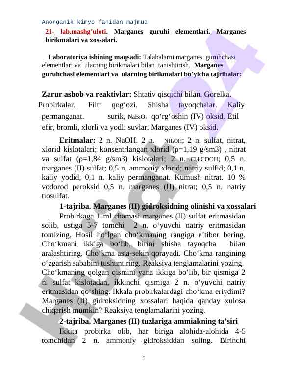 Marganes guruhchasi elementlari va birikmalari tajribalari