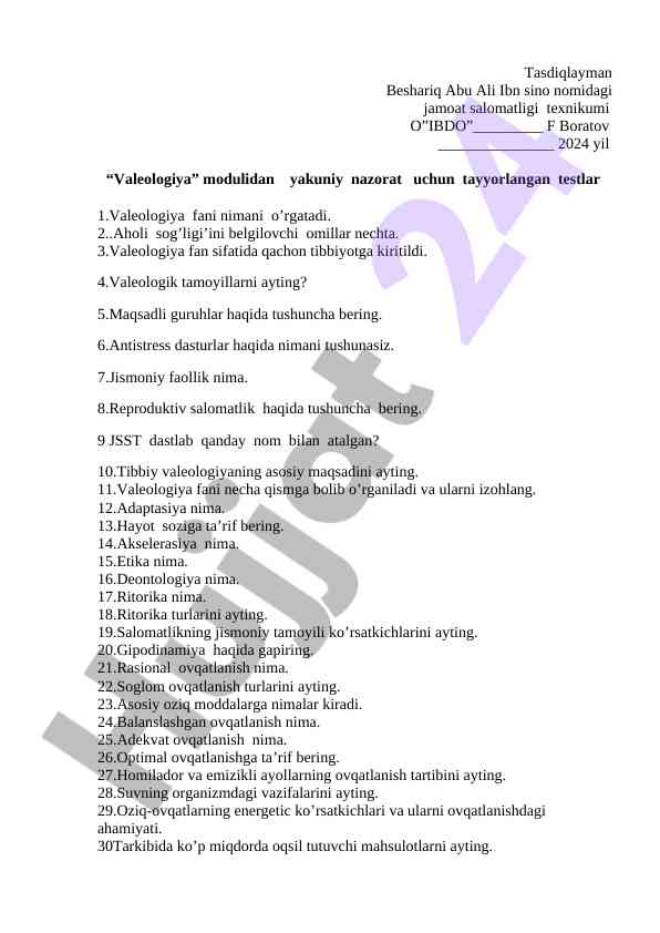 Valeologiya modulidan yakuniy nazorat testlari