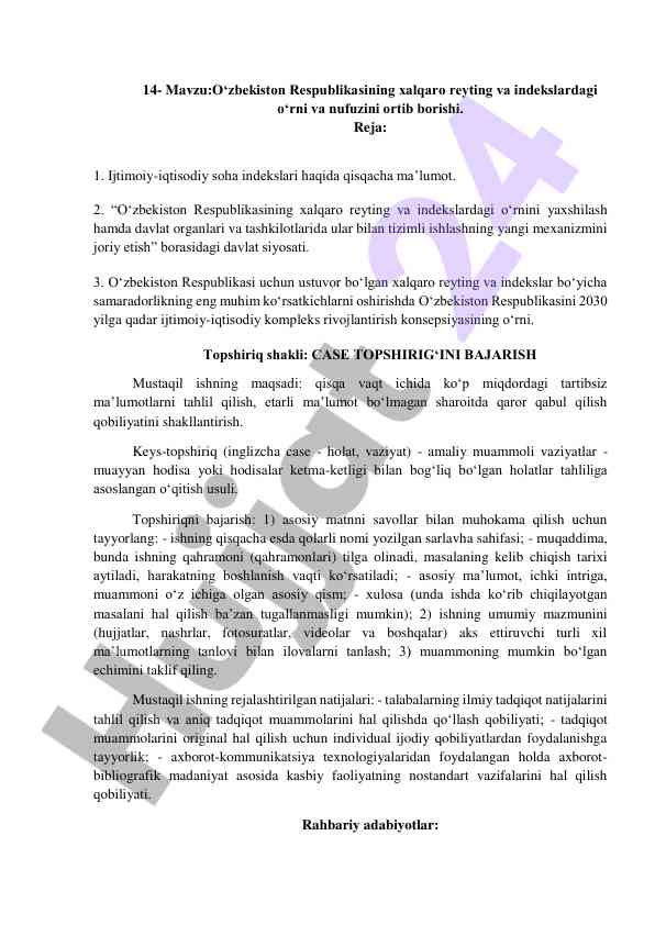 O‘zbekiston respublikasining xalqaro reytinglarida o‘rni