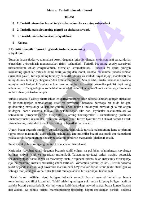 Turistik xizmatlar bozori tahlili va qoidalari