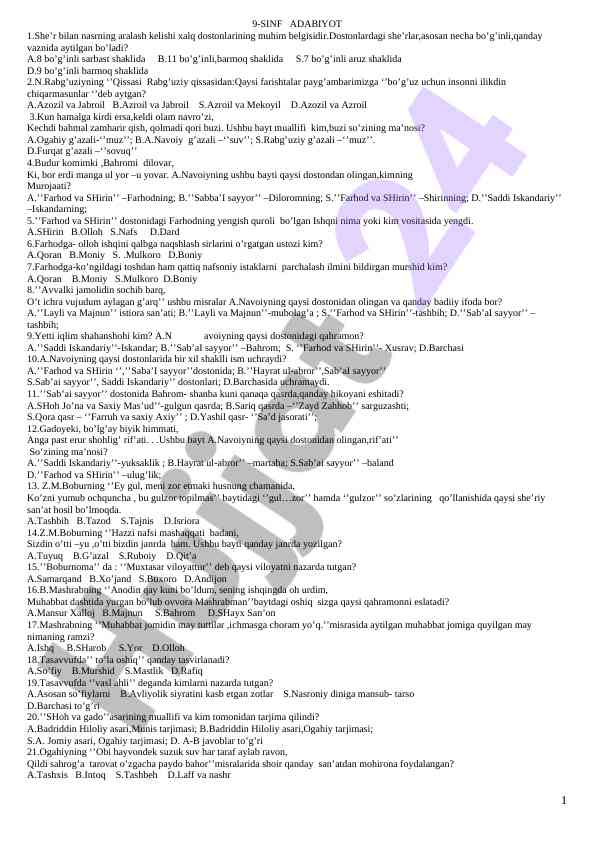 9-sinf adabiyot testlarida she’r va nasr