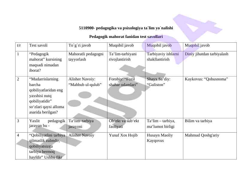 Pedagogik mahorat fanidan test savollari
