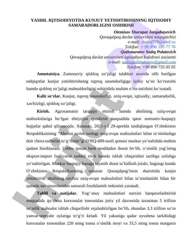 Kunjut yetishtirishning iqtisodiy samaradorligi