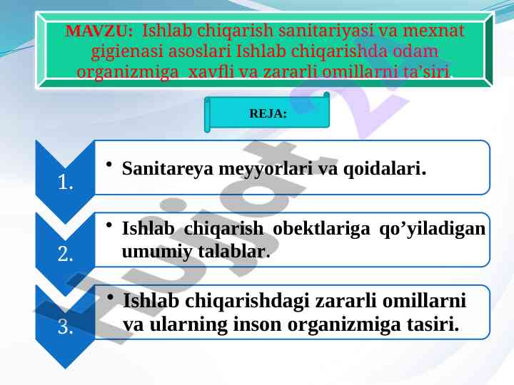 Ishlab chiqarish sanitariyasi va mexnat gigienasi asoslari