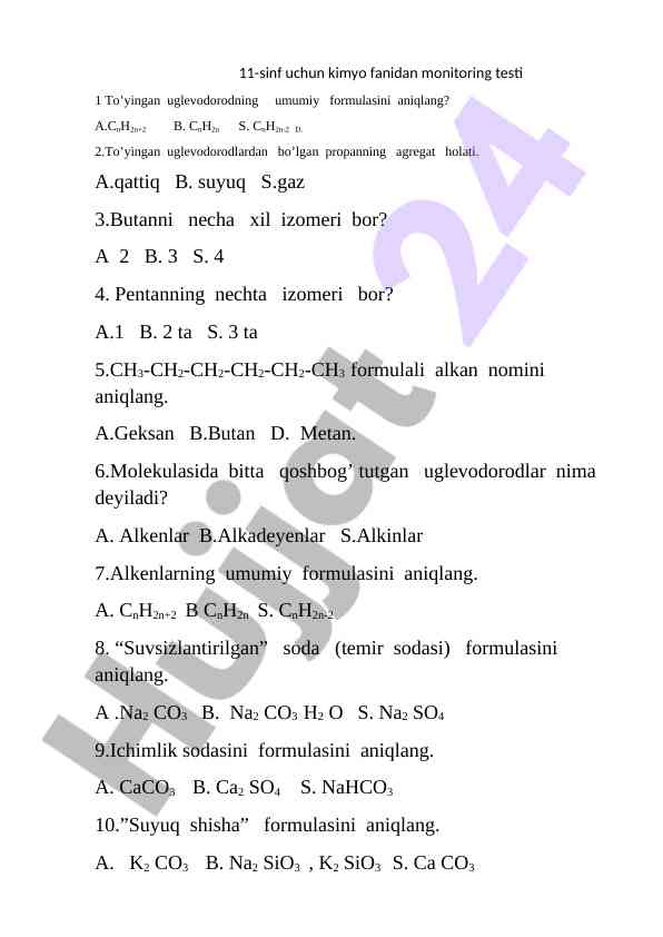 11-sinf kimyo fanidan monitoring testi 1