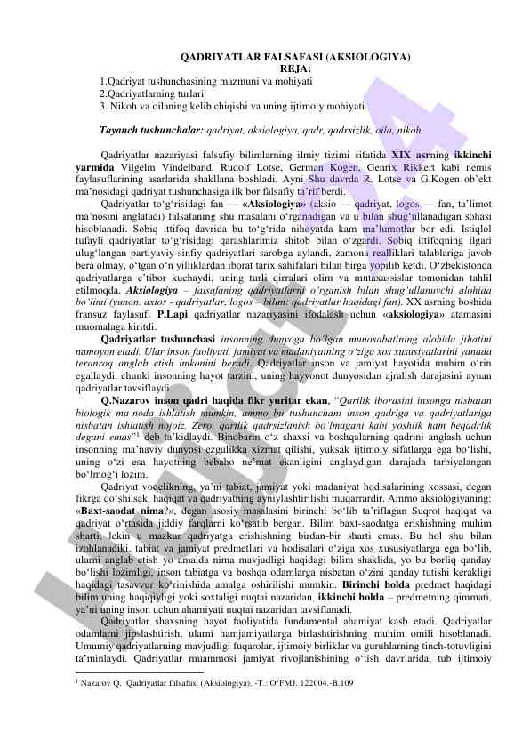 Qadriyatlar falsafasi va aksiologiya asoslari