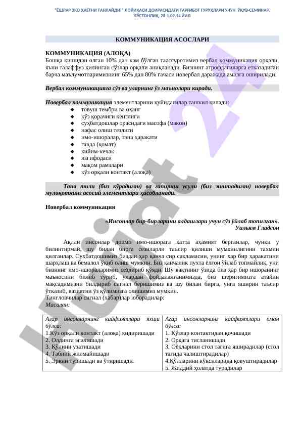 Kommunikatsiya asoslari va noverbal muloqot