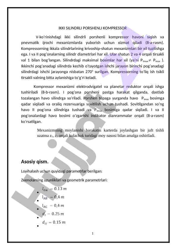 Ikki silindrli porshenli kompressor tahlili