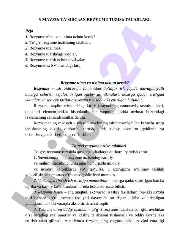 Ta’sirchan rezyume tuzish talablari