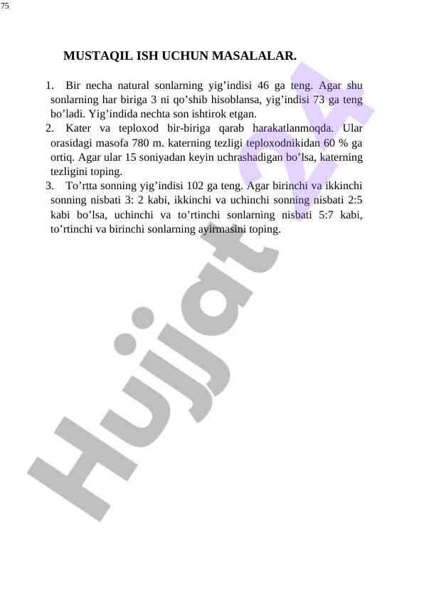 Matematika masalalari bo'yicha mustaqil ishlar