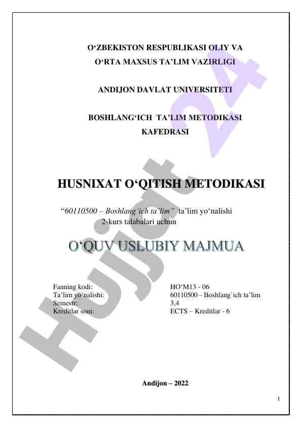 Husnixat o‘qitish metodikasi o‘quv qo‘llanmasi