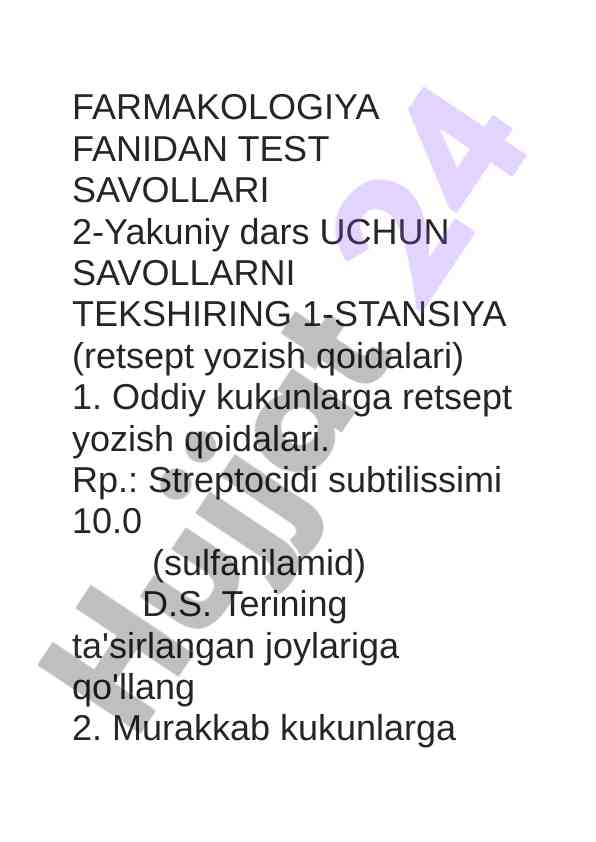 Farmakologiya fanidan test savollari ushbu dars uchun