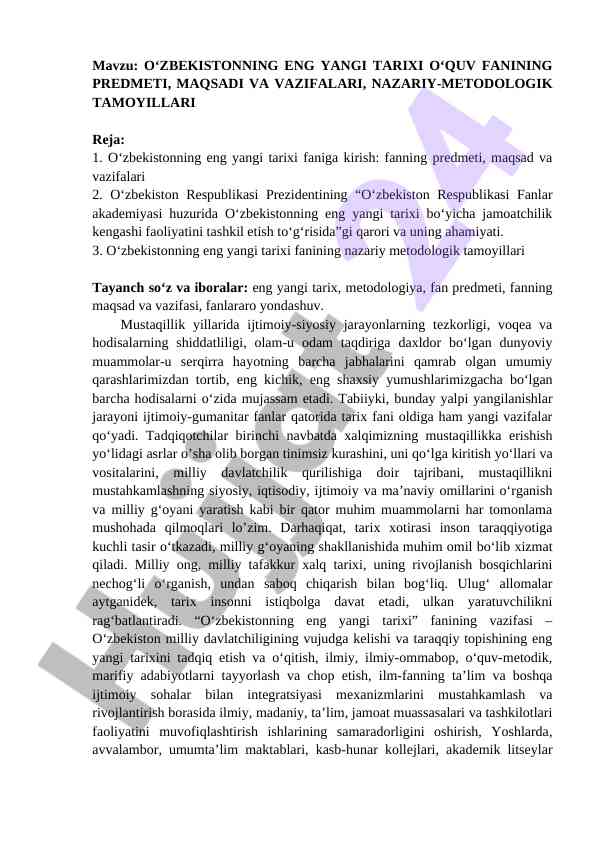 O‘zbekistonning eng yangi tarixi fanining tahlili