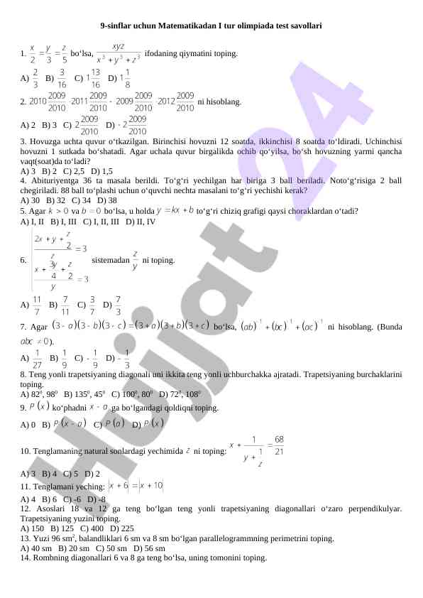 Matematikadan 9-sinif olimpiada test savollari