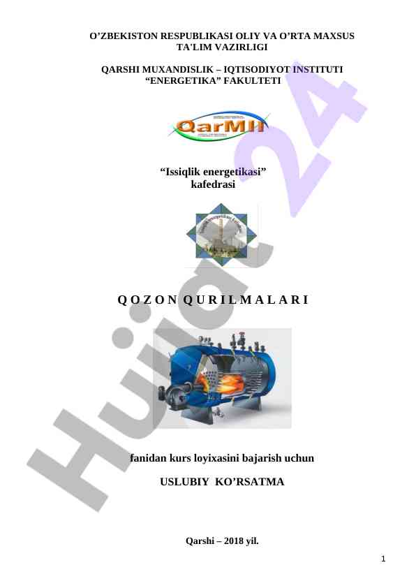 Issiqlik energetikasi fanidan kurs loyihasi uslubiy ko'rsatma