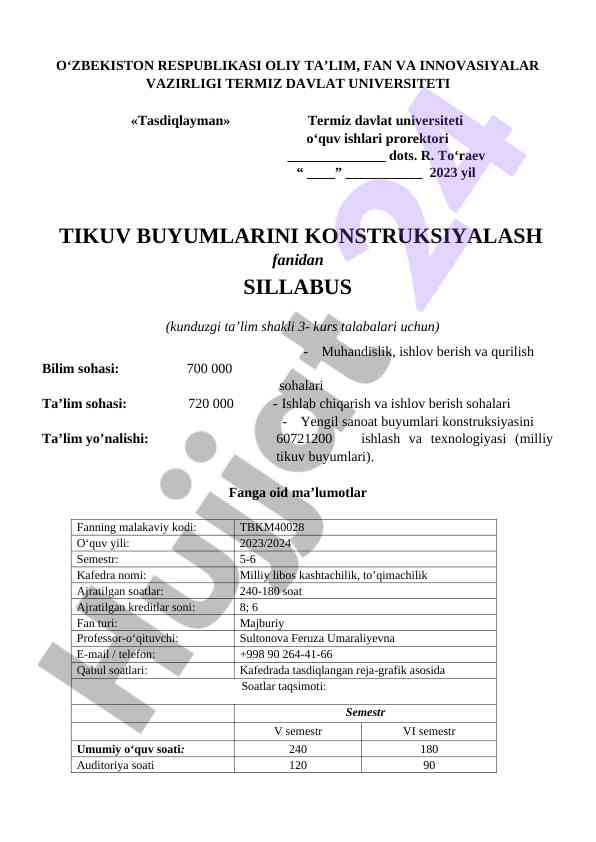 Tikuv buyumlarini konstruksiyalash fanidan sillabus