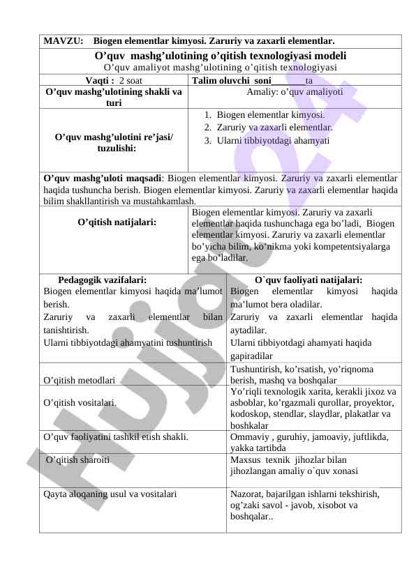 Tibbiy kimyo fani o‘qituvchilari uchun baholash mezonalari