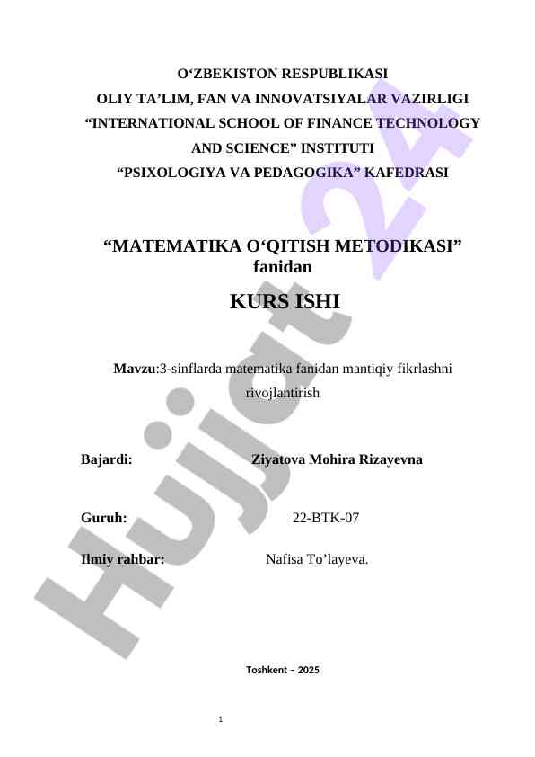 3-sinflarda matematika fanidan mantiqiy fikrlashni rivojlantirish kurs ishi