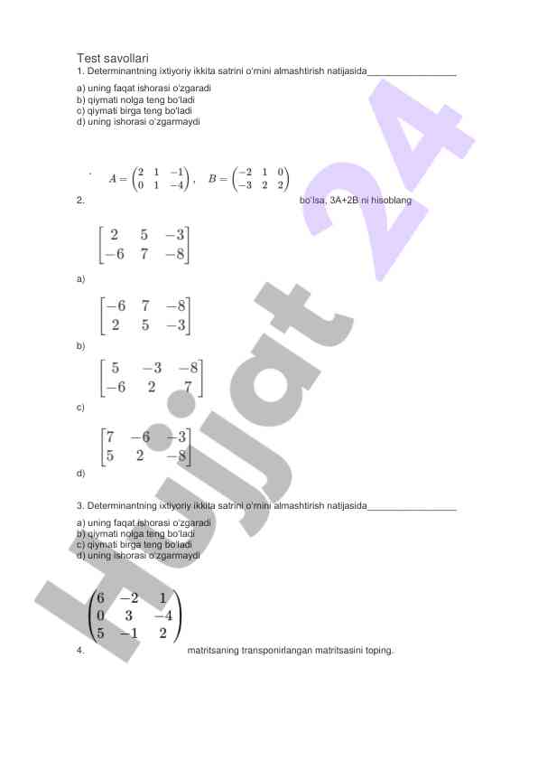 Determinant savollari bilan testlar sifatida