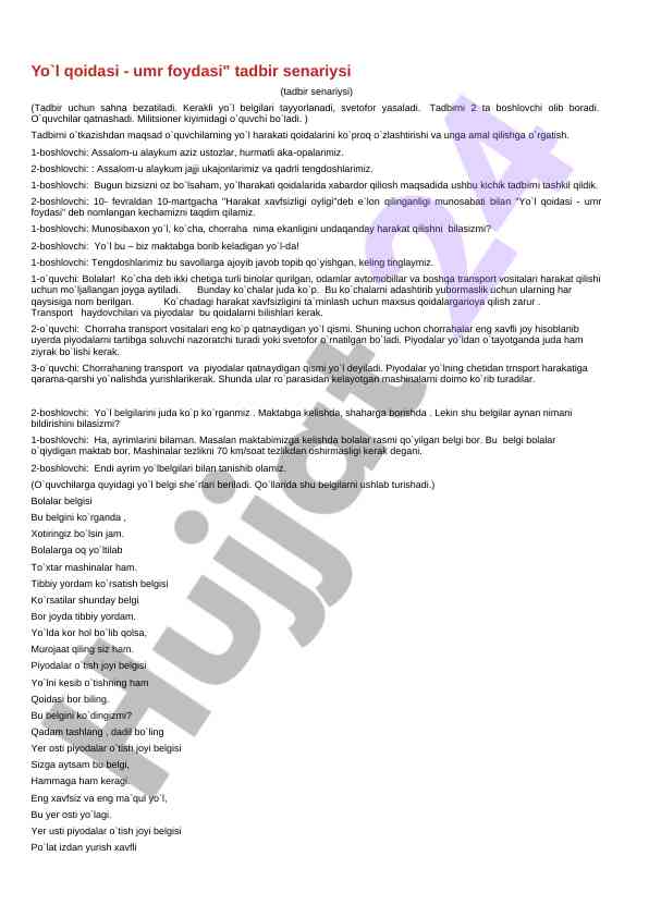 Yo`l qoidasi - umr foydasi tadbir senariysi