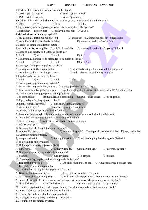 5-sinf ona tili i – chorak i-variant 1