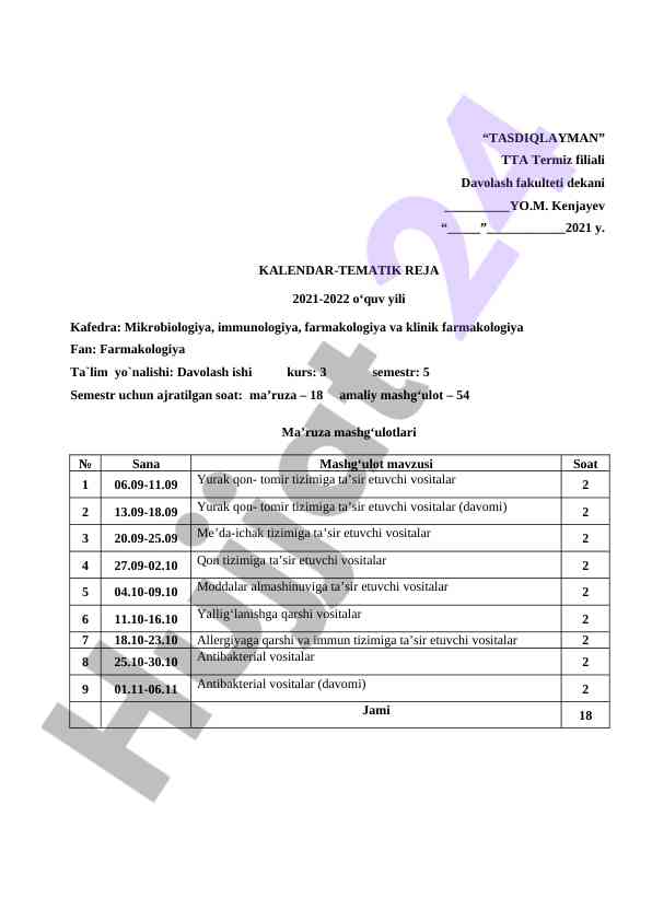 Kalendar-tematik reja 2021-2022 o‘quv yili