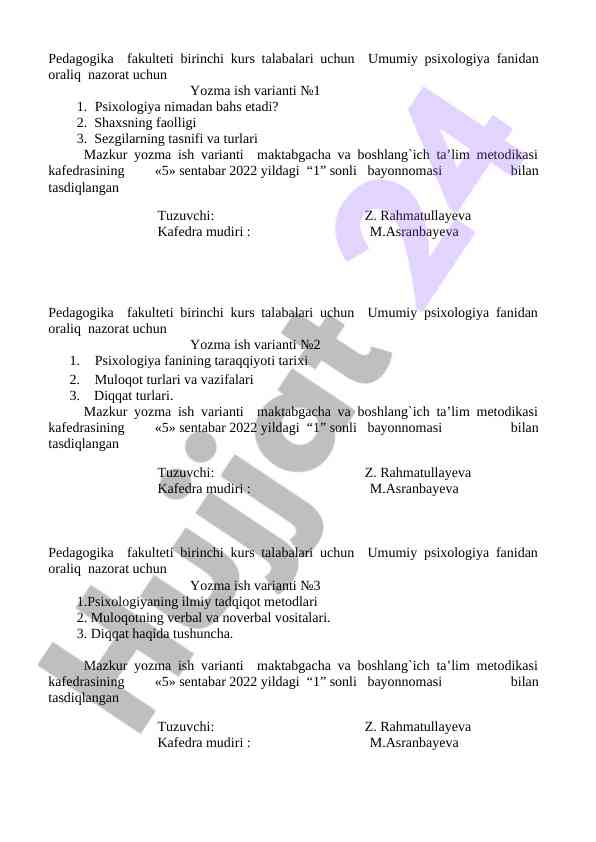 Umumiy psixologiya fani yozma ish varianti