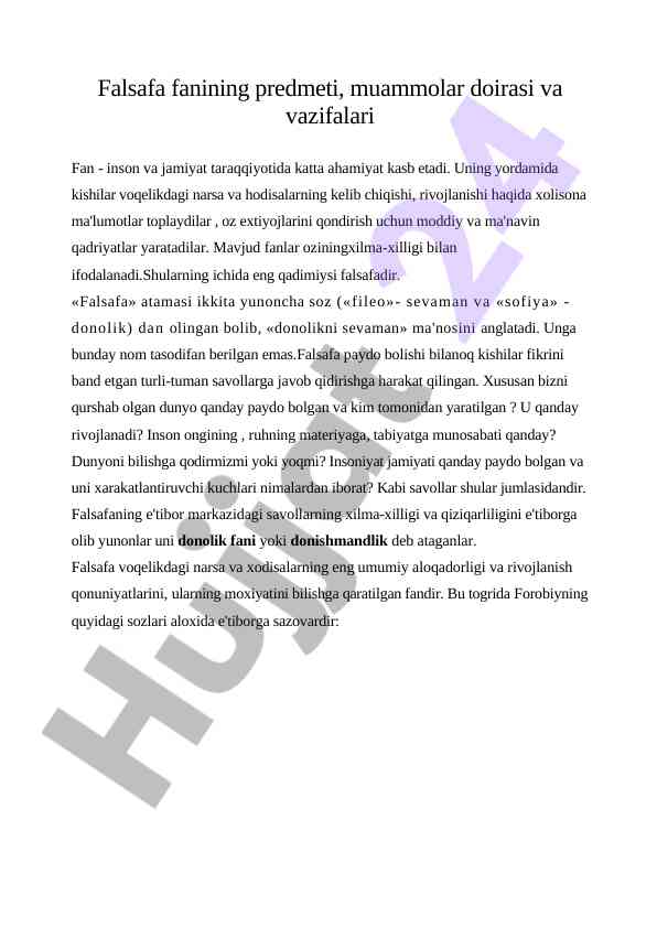 Falsafa fanining muhim muammolari va vazifalari