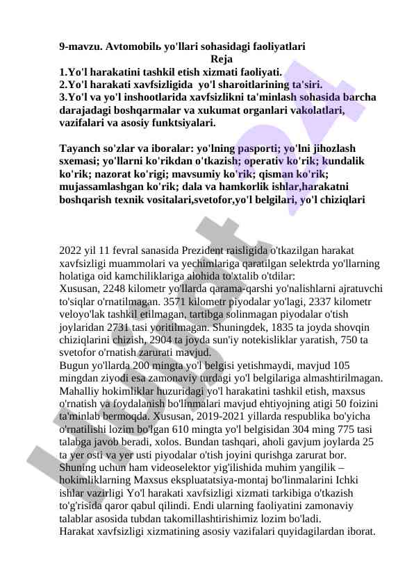 Avtomobil yo'llari sohasidagi faoliyatlar