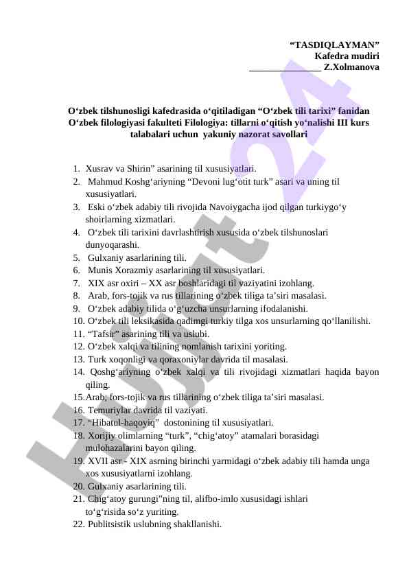 O‘zbek tili tarixi yakuniy nazorat savollari