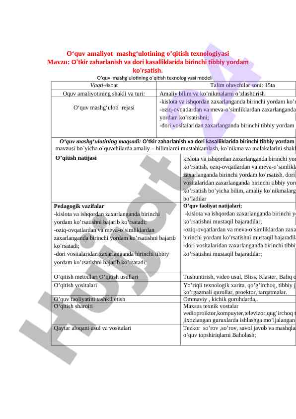 O‘tkir zaharlanishlarda birinchi tibbiy yordam