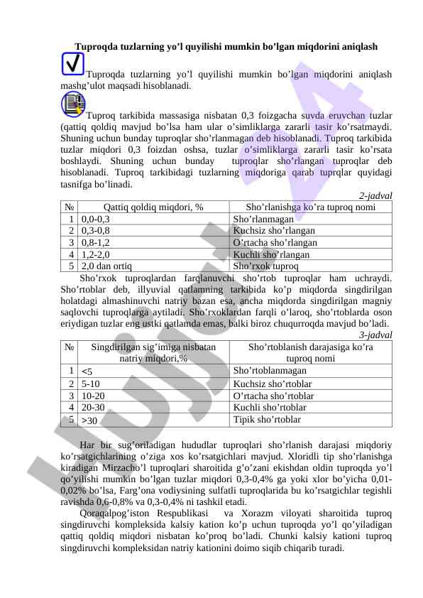 Tuproqda tuzlarning miqdorini aniqlash mavzusi