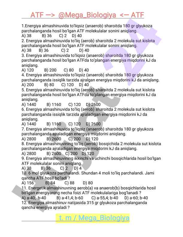 Energiya almashinuviga oid test savollari