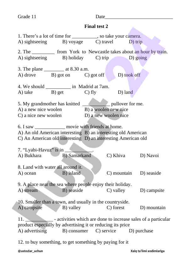 Grade 11 final test 2 for english language assessment