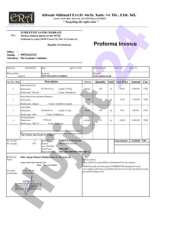 Proforma invoice for goods delivery from turkey