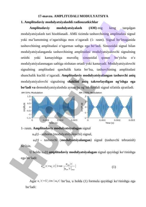 Amplitudali modulyatsiya tizimlari va ularning xususiyatlari