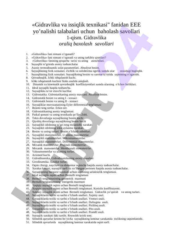Gidravlika va issiqlik texnikasi baholash savollari