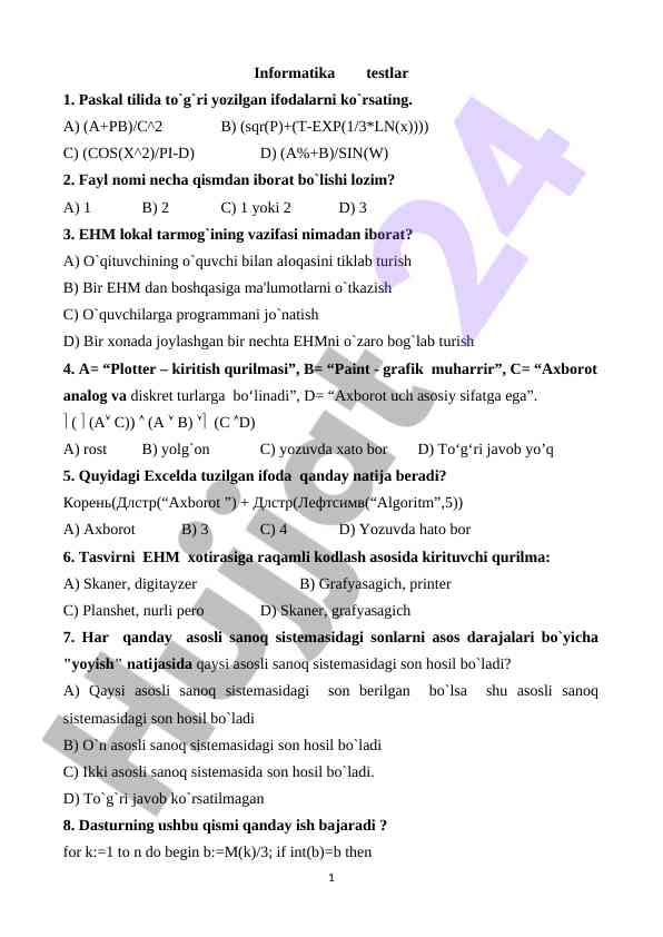 Informatika testlari va savollari