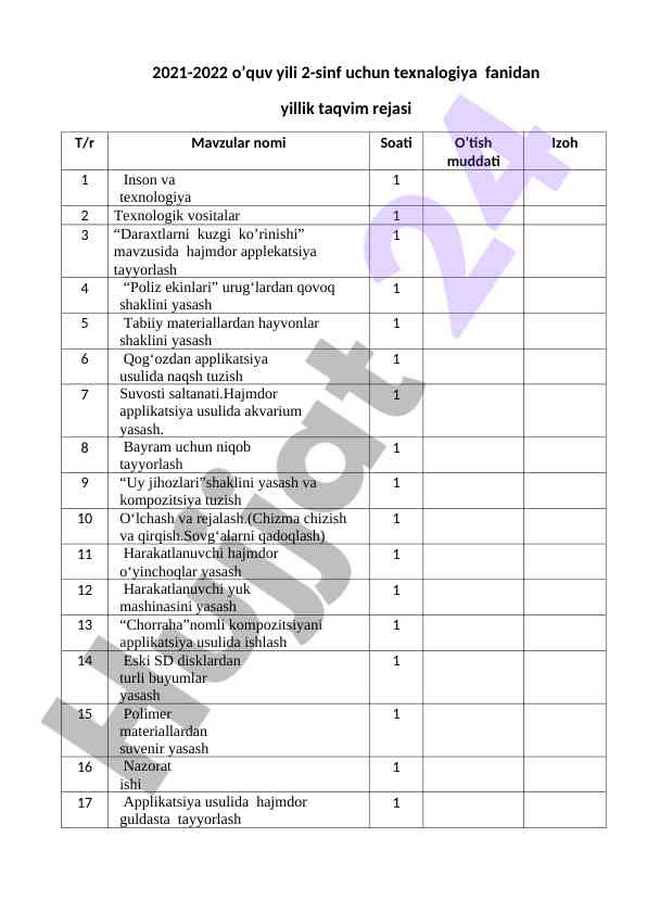 2021-2022 o‘quv yili 2-sinf texnalogiya taqvim rejasi